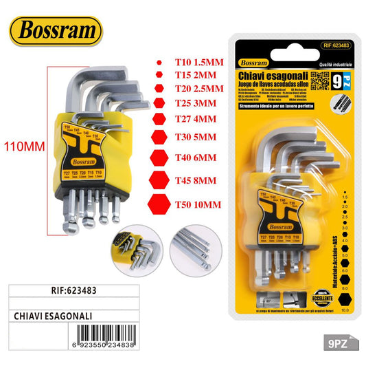 Set di 9 Chiavi Esagonali (Allen) con Testa Sferica - Misure da 1.5 a 10 mm
